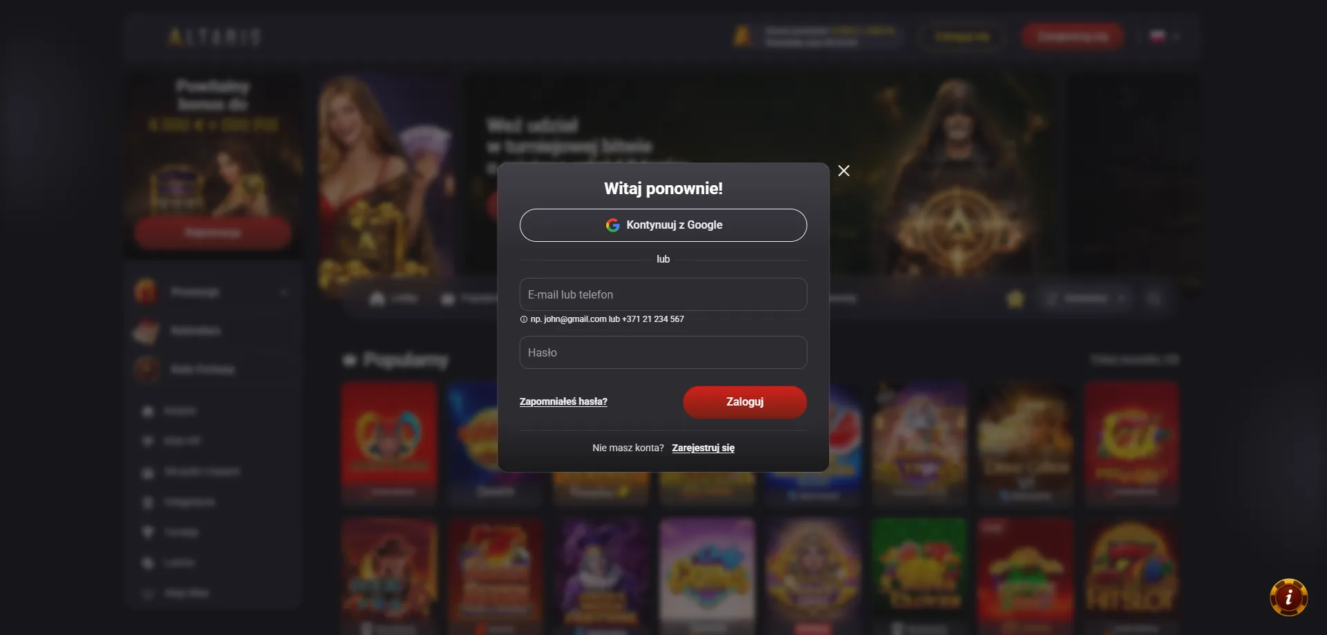 Altaris Casino login – bezpieczne logowanie do konta gracza