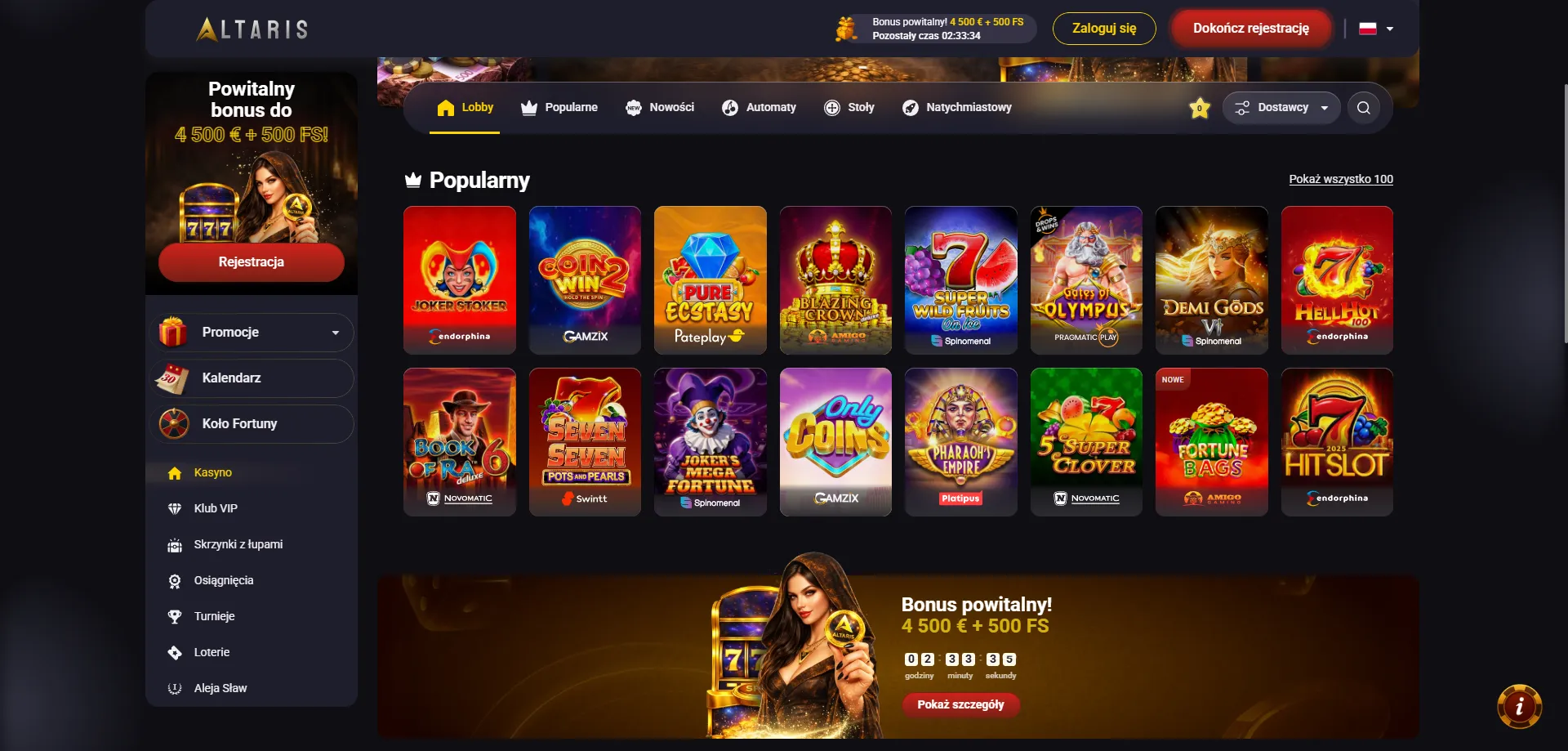 Altaris Casino turnieje slotowe z nagrodami milionowymi