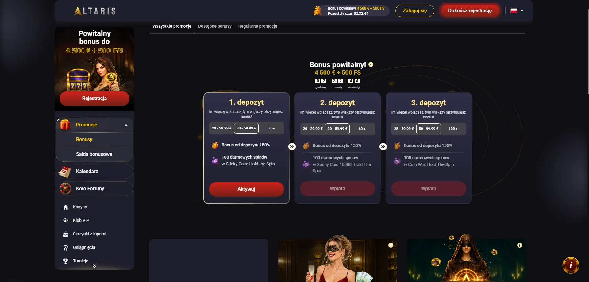 Altaris Casino bonus powitalny do 1500 euro i free spiny
