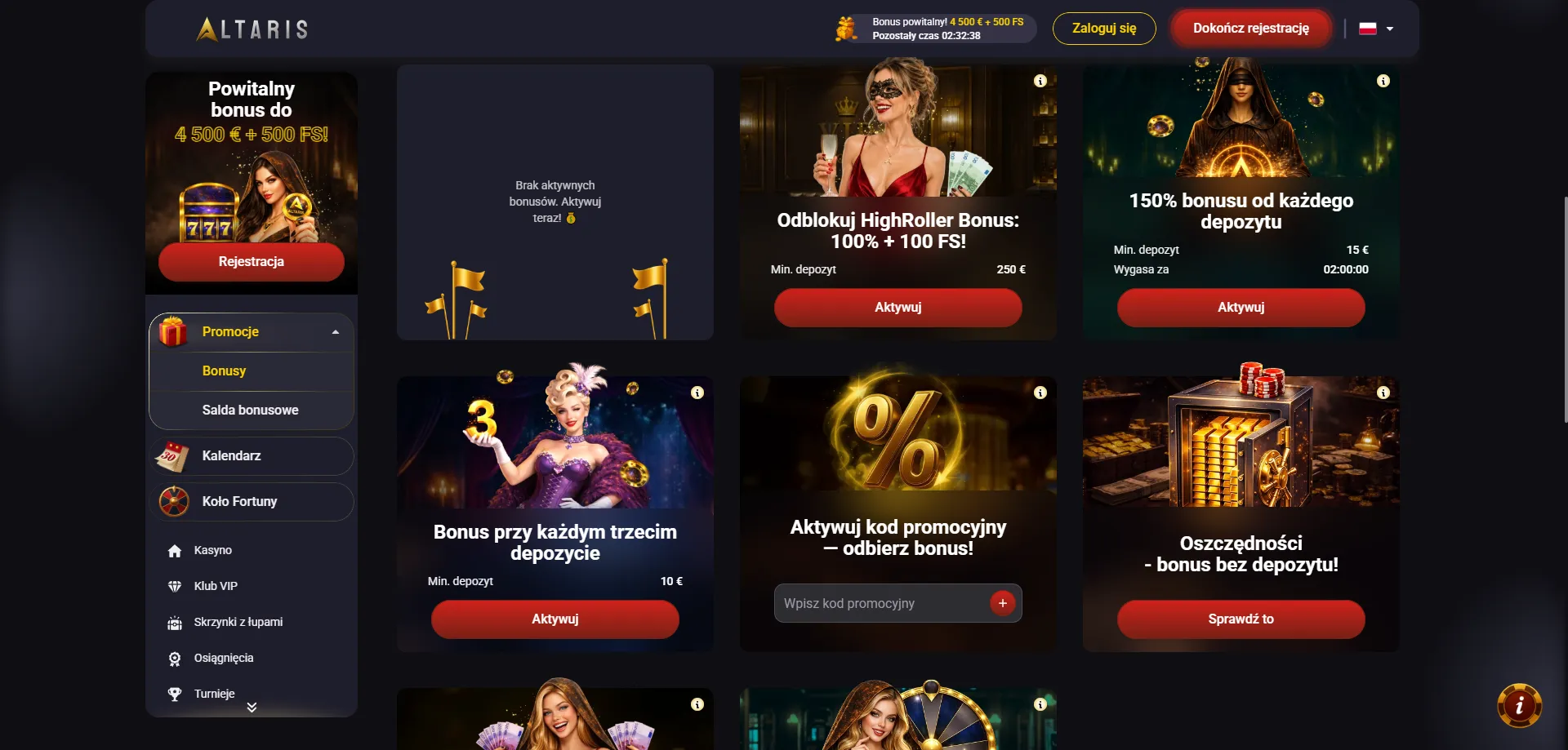 Bonus powitalny Altaris Casino do €1500 plus 150 free spinów